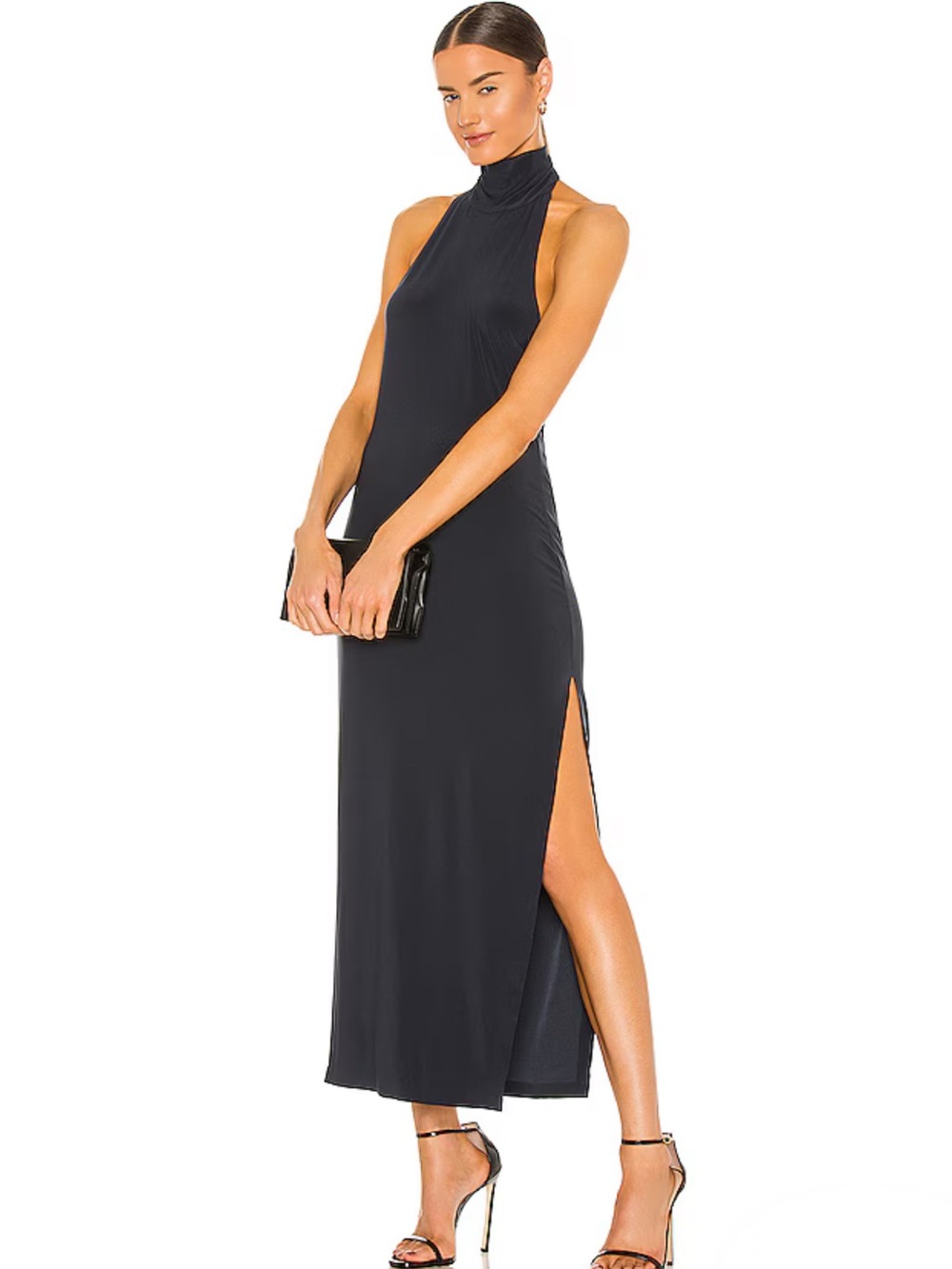 Revolve Norma Kamali Halter Turtle Side Slit Gown in Pewter Navy size small